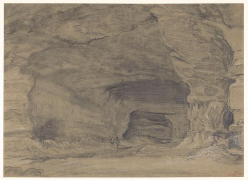 Two figures walking inside a large cave