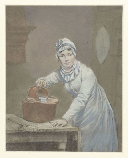 Maid pouring milk into a pan