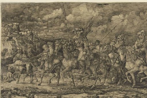The King of the Huns with His Wives Surrounded by Servants and Livestock, Riding Through a Landscape