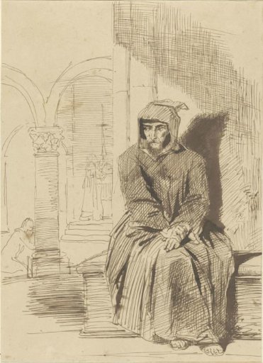 Seated monk, in contemplation, while the mass is celebrated in the background