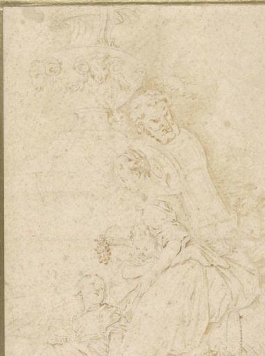 Young woman holding grapes up to two children