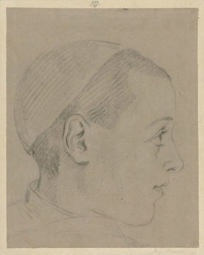 Head of a boy with a cap on, and profile to the right