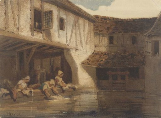 Women washing in an open hall of a waterfront housing complex