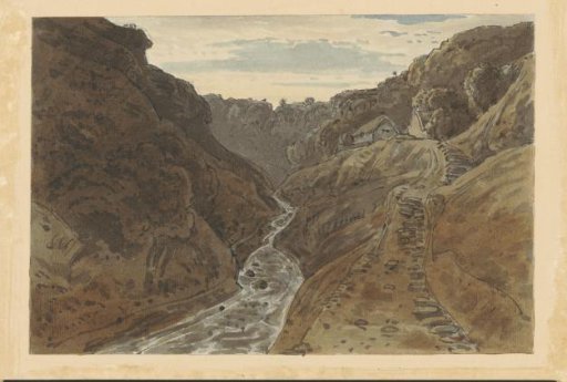 River valley and mountain road leading to two houses