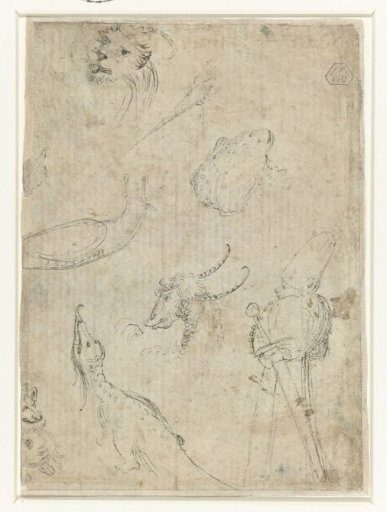 Sheet with various monsters, a figure, snail and toad
