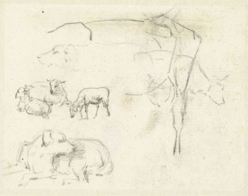 Sketch sheet with dogs, sheep and a cow