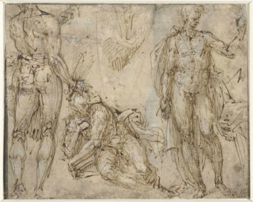 Two standing figures and one reclining