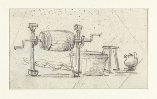 Cask on a wheel, a stool, jug and tubs