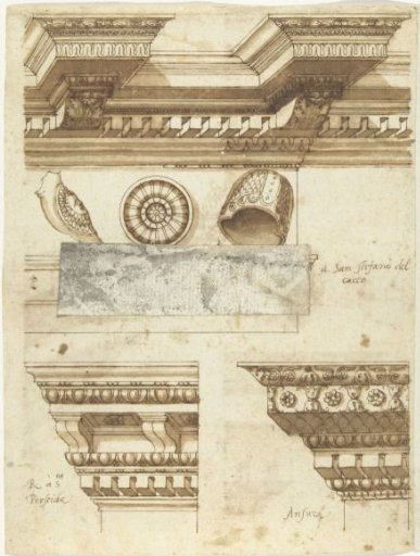 Three cornices, a helmet and some ornaments