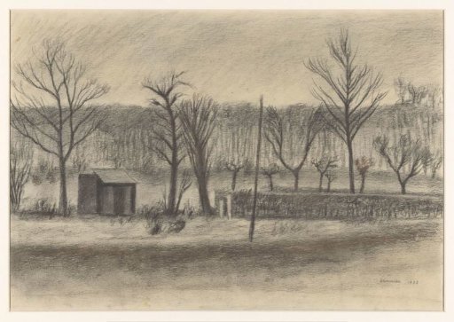 Landscape with trees and a barn
