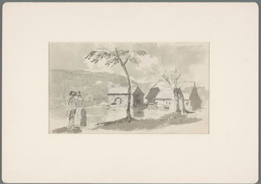 Farmhouse with a watermill on a mountain lake