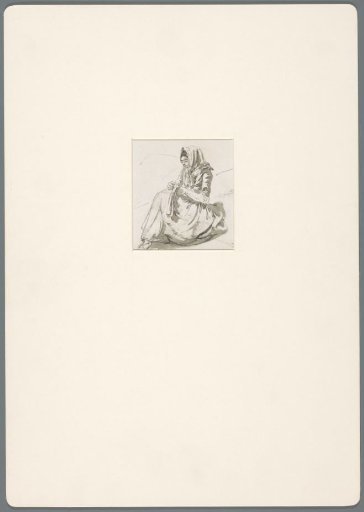 Girl with a cloth over her head doing needlework in a landscape