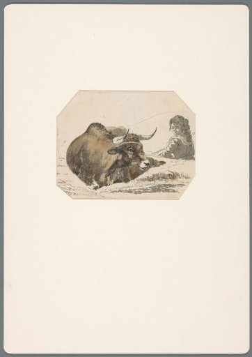 Shepherdess sitting behind a lying ox
