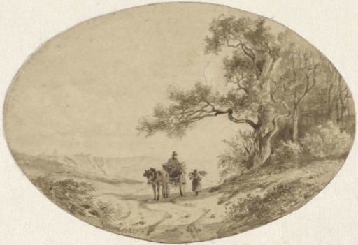 Wood gatherer by horse and wagon on the road