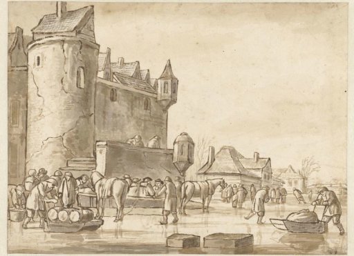 Skaters and sleds before a city wall