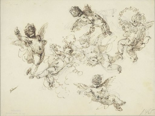 Six floating cherubs with flower garlands