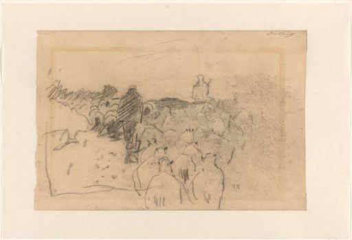 Shepherd with flock of sheep on the heath