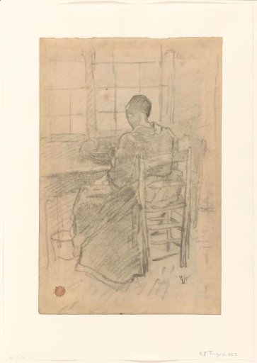 Seated woman peeling potatoes, before a window