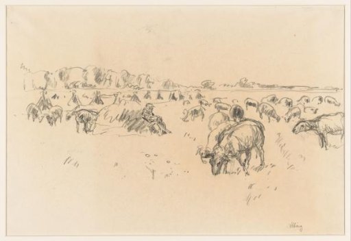 Seated shepherd in a field with grazing sheep