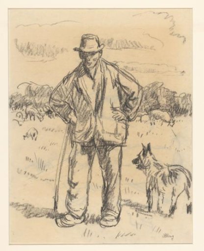 Standing shepherd with his dog in a meadow with sheep