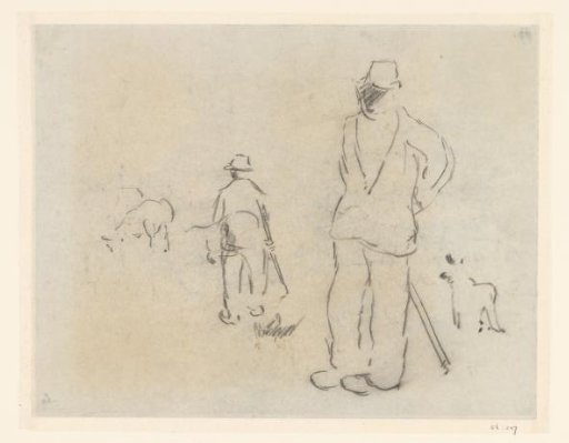 Two shepherds, a dog, and a sheep