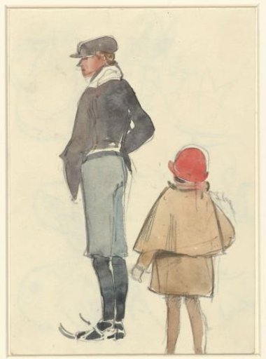 Standing Man on Skates and a Girl with a Hat