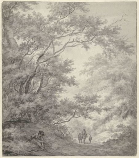 Road in a Wooded Area, with Three Travellers Approaching