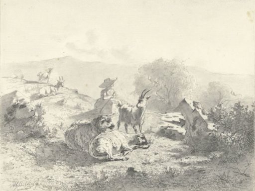 Shepherdess with Goats and Sheep in a Mountainous Landscape