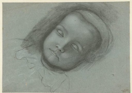 Head of a dead child, lying on a bed