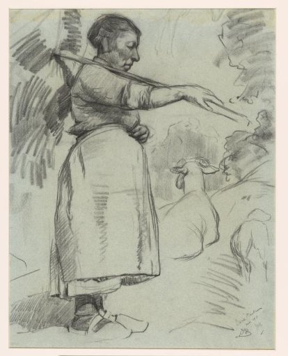 Peasant woman with a sheaf of hay on a stick over her shoulder