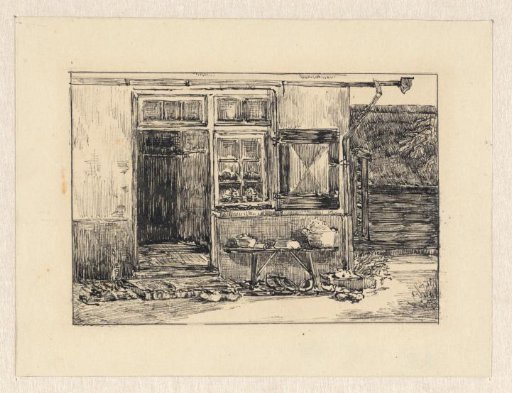 Cottage with pots and pans on a bench in front of the door