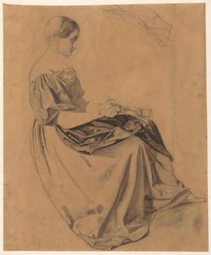 Seated girl with a letter; the letter repeated at the top