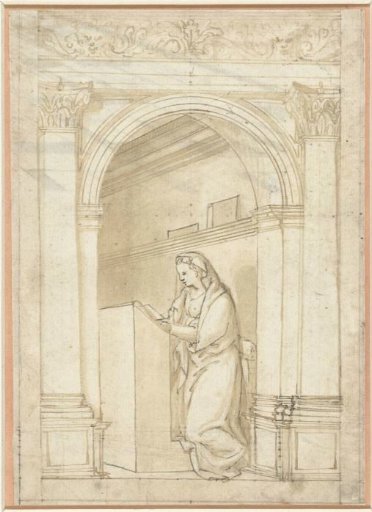 Kneeling Mary in an architectural setting