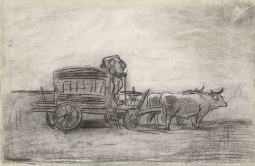 Oxcart, darkly profiled against the sky