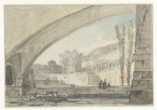 View from under a bridge towards terraces and a staircase