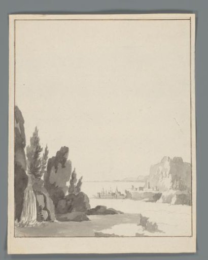 View of a city on the water with a waterfall in the foreground