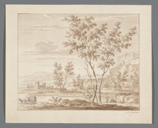 River landscape with a building, a covered wagon, and several figures