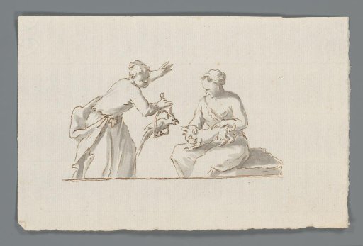 Two women with a kakapo and a small dog quarrelling