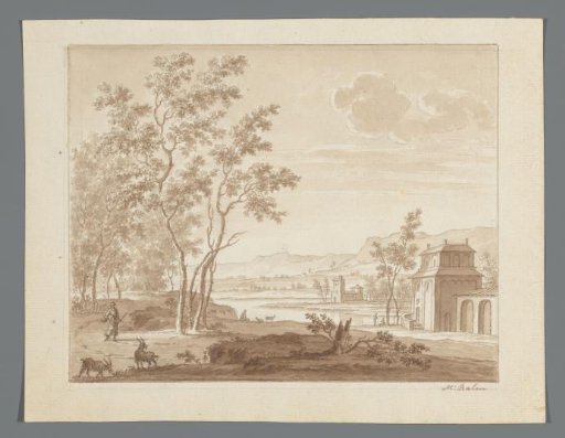 River landscape with buildings and shepherds with goats
