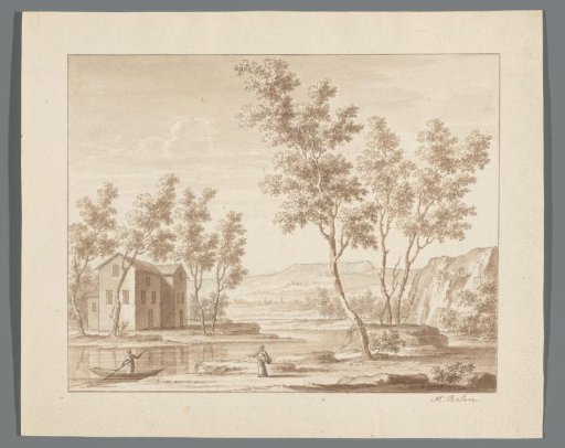 River landscape with a building, a small boat, and two figures