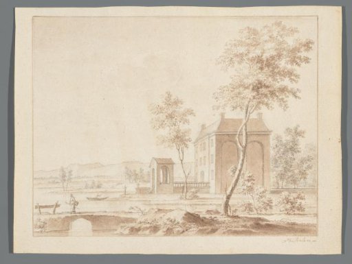 River landscape with a building