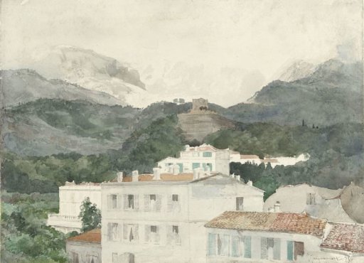 Country houses at the foot of the mountains, high mountains in the distance, La Turbie