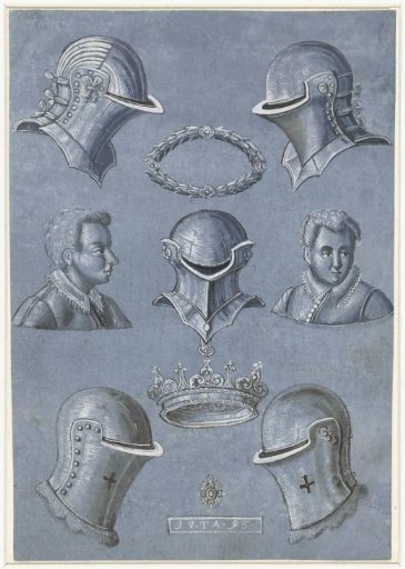 Sheet with five helmets, a crown, a laurel wreath and two busts of youths