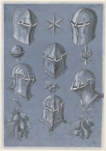 Sheet with six helmets, a star, a heraldic lily, a bell and three bunches of fruit