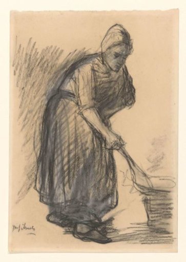 Peasant woman holding a frying pan over the fire