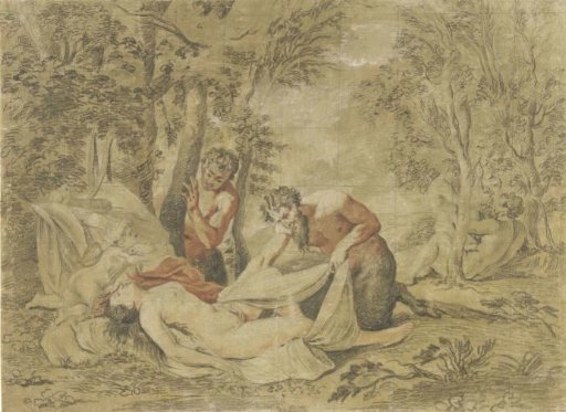 Two satyrs spying on a sleeping nymph