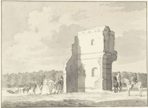 Two riders and a party on foot by a wall of a ruin