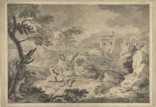 Landscape with lightning striking in the foreground