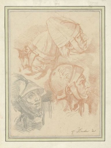 Study sheet with four soldiers' heads, after the Column of Trajan (design for a plate in ''Recueil de différents caractères des testes dessinées d'apres la Colonne Trajane'', etched by J.B. Hutin, published by Gabriel Huquier)