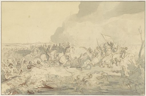 Battle between cavalry and infantry in 16th-century dress